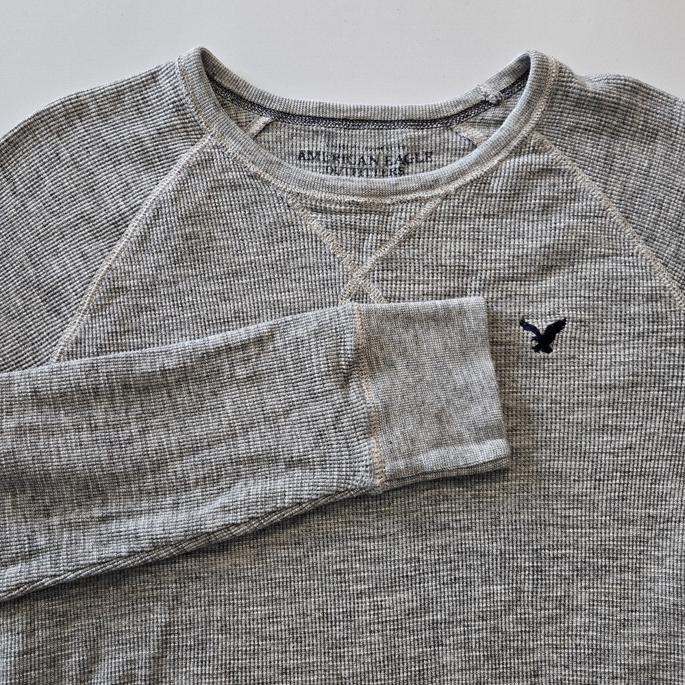 American Eagle Sweater Mens Medium Gray Waffle Knit Pullover Long Sleeve Logo